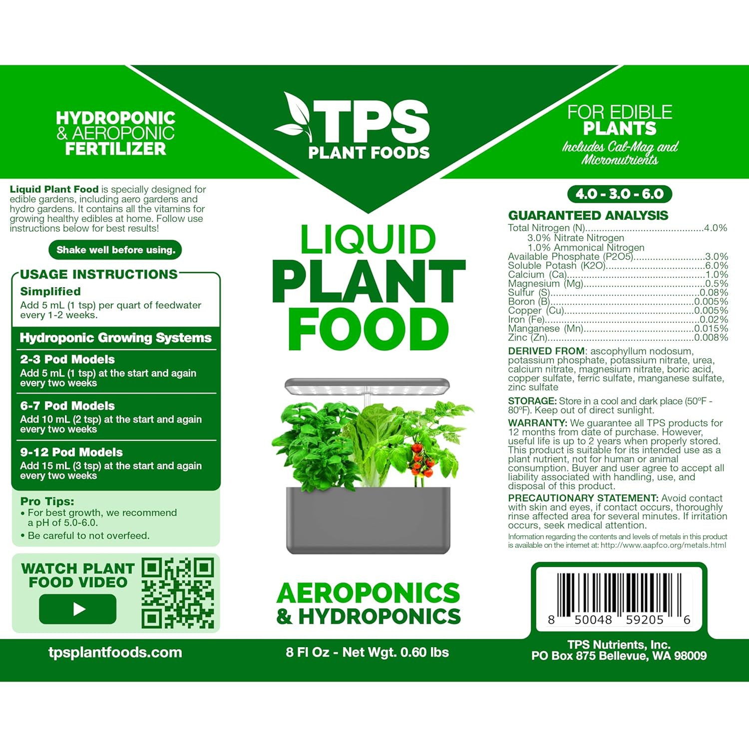 Liquid Plant Food for Use in Aerogarden, IDOO and Hydroponic Growing Systems, Li