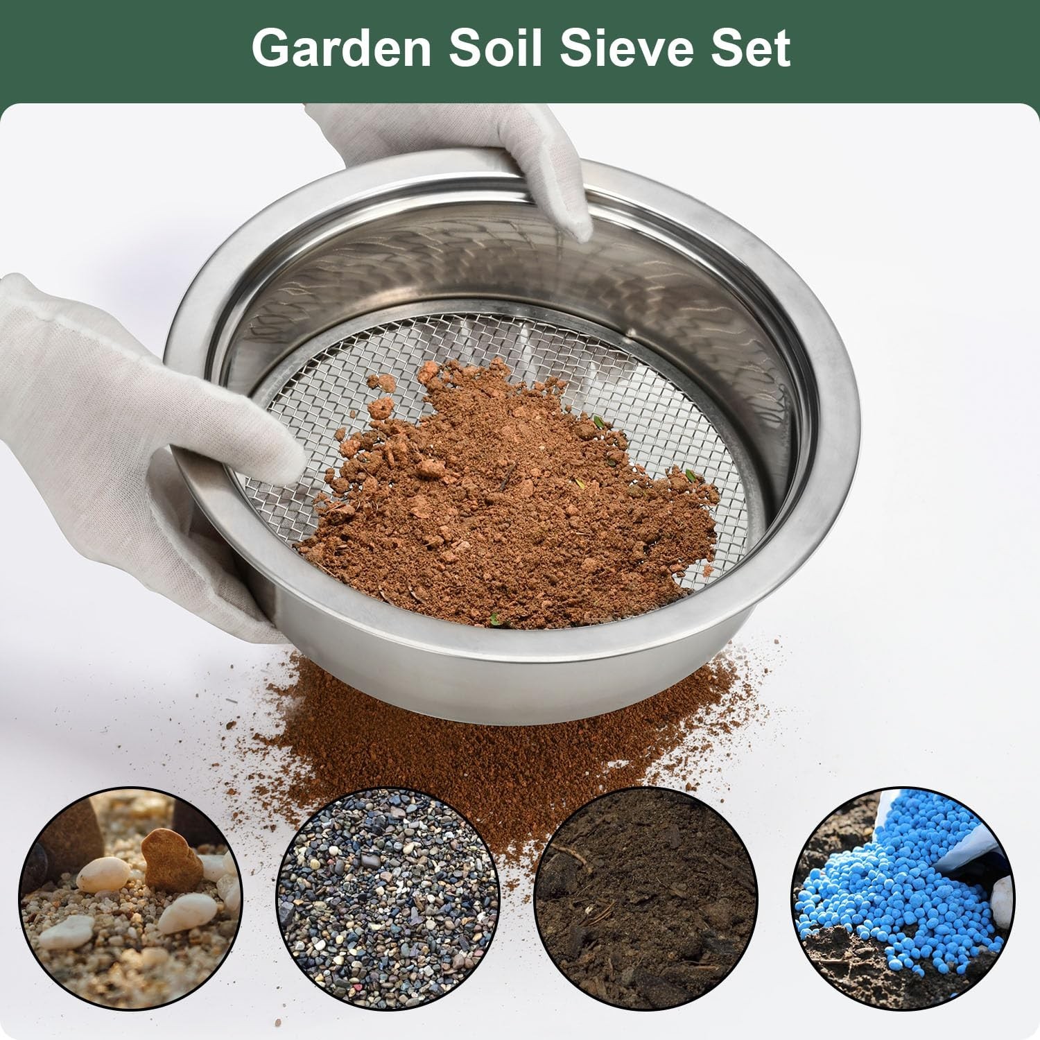 Soil Sifter Garden Soil Sieve Stainless Steel Sieve Set, with 3 Interchangeab…