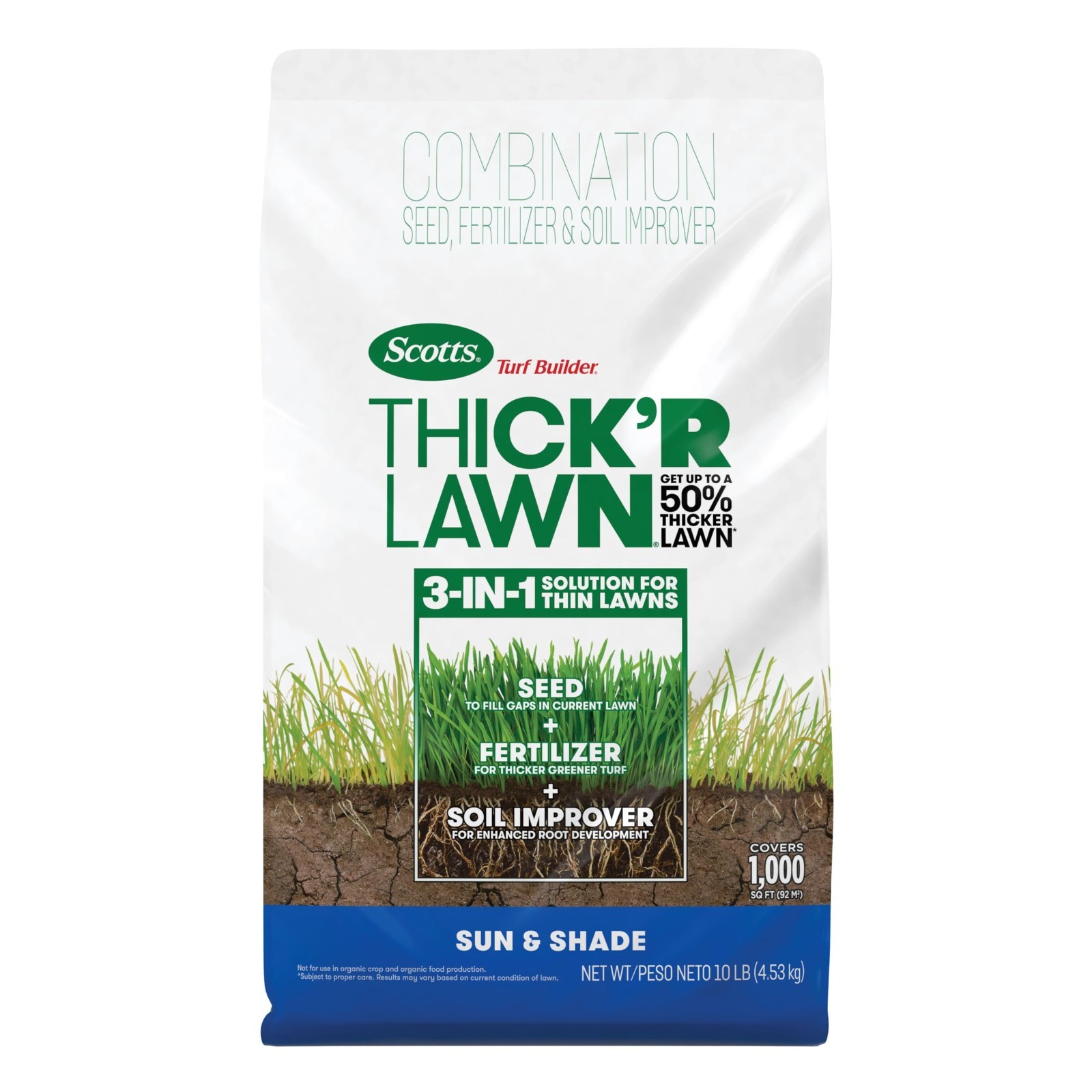 Thick Lawn Seed & Fertilizer Mix for Sun & Shade, 10 lbs – Covers 1,000 sq ft