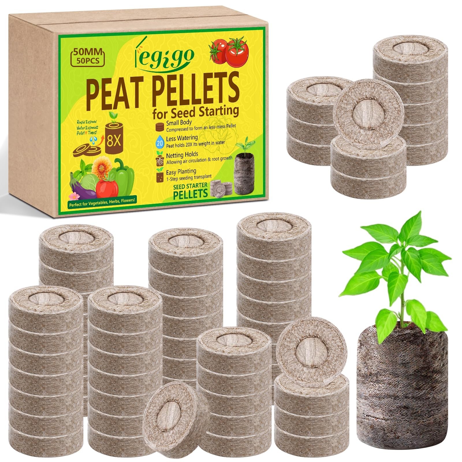 50 Pcs Seed Starter Peat Pellets 50mm – Compressed Pods for Seedlings, Herbs, Fl