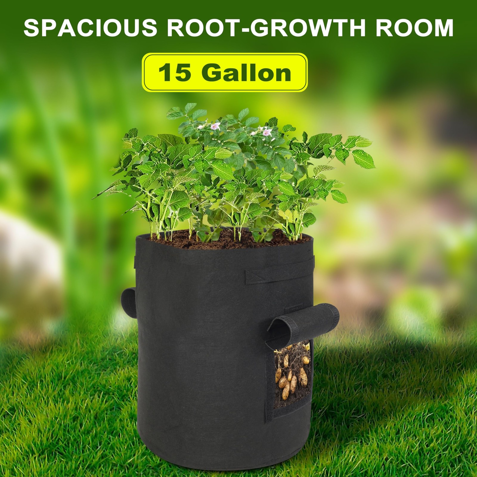 4-Pack 15-Gallon Grow Bags with 2 Flaps and Reinforced Handles,Non-Woven Pota…