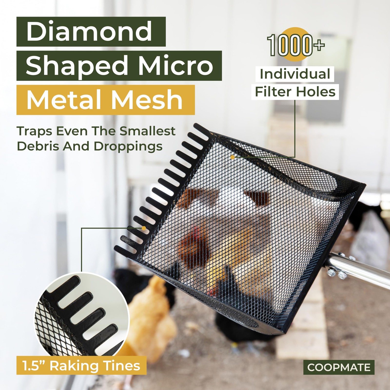 Coopmate 2-In-1 Chicken Coop Poop Scooper And Rake – Metal Sand Sifting Litter