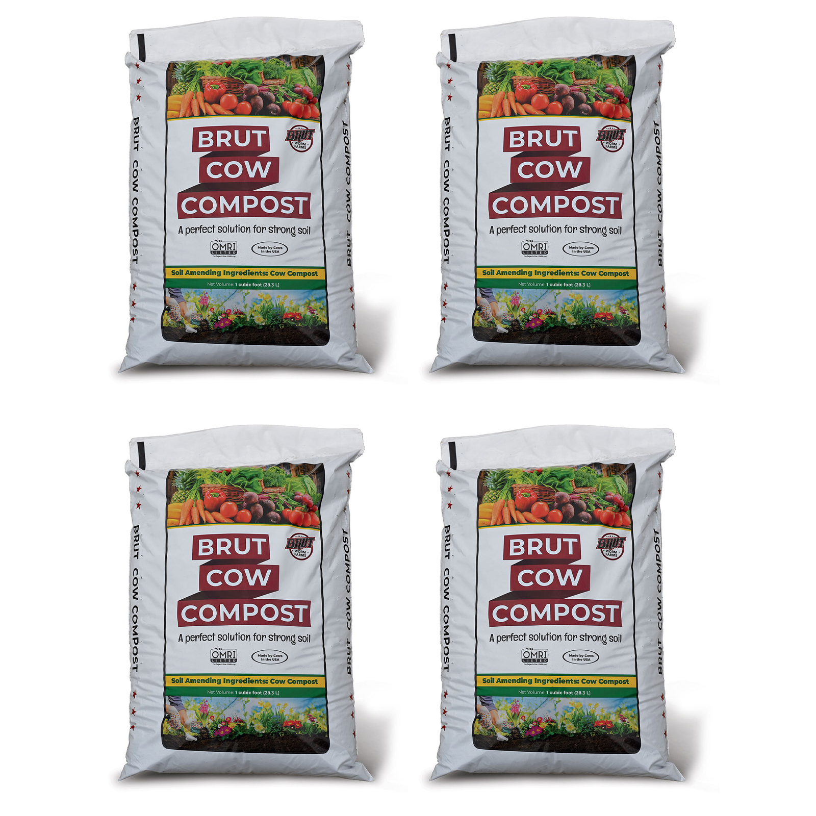 Brut Organic 1 Cu Ft Pure Nutrient Rich Garden Enhancer Cow Compost, (4 Pack)