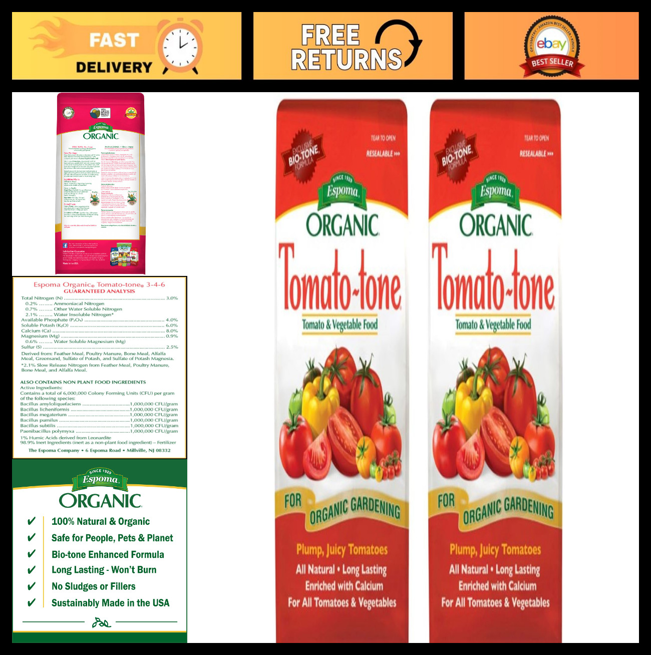 Organic Tomato Fertilizer 3-4-6 with Calcium – 4 lb Bag, Pack of 2, Boosts Growt
