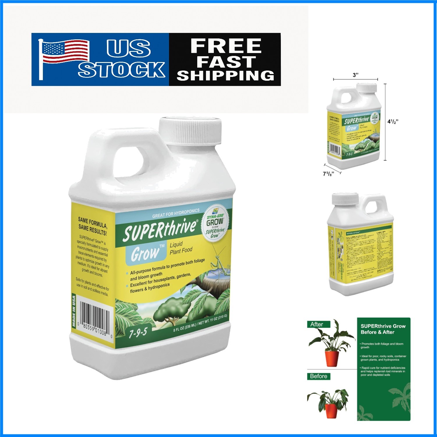 8 oz Gro-008 Grow 7-9-5 Super Concentrated Plant Nutrients for Lush Growth