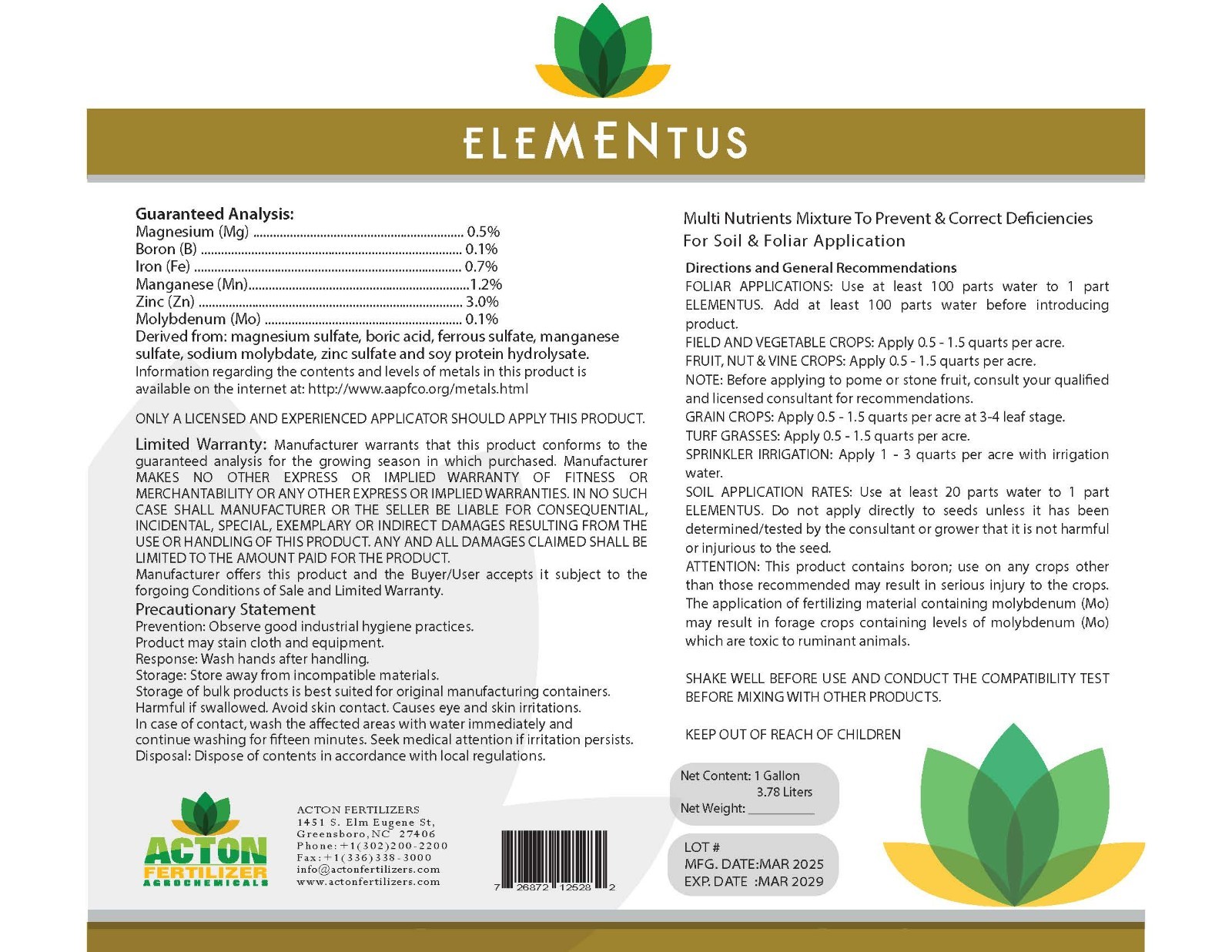 ELEMENTUS, Multi Mineral FERTILIZER, Zinc. Magnesium, Iron, Manganese, Boron