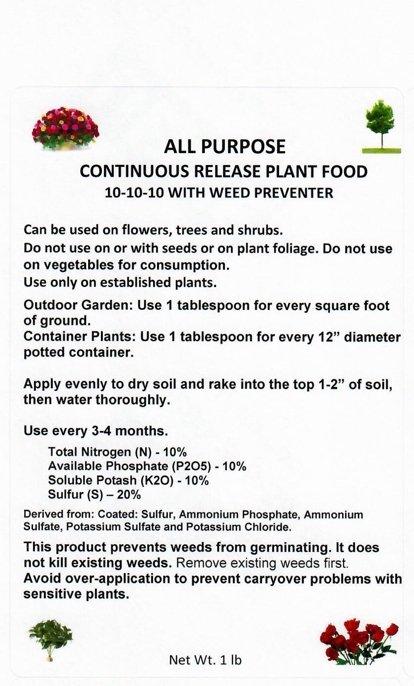 Fertilizer Continuous Release 10-10-10 w/weed prevent 1 lb bag Flower,Tree,Shrub