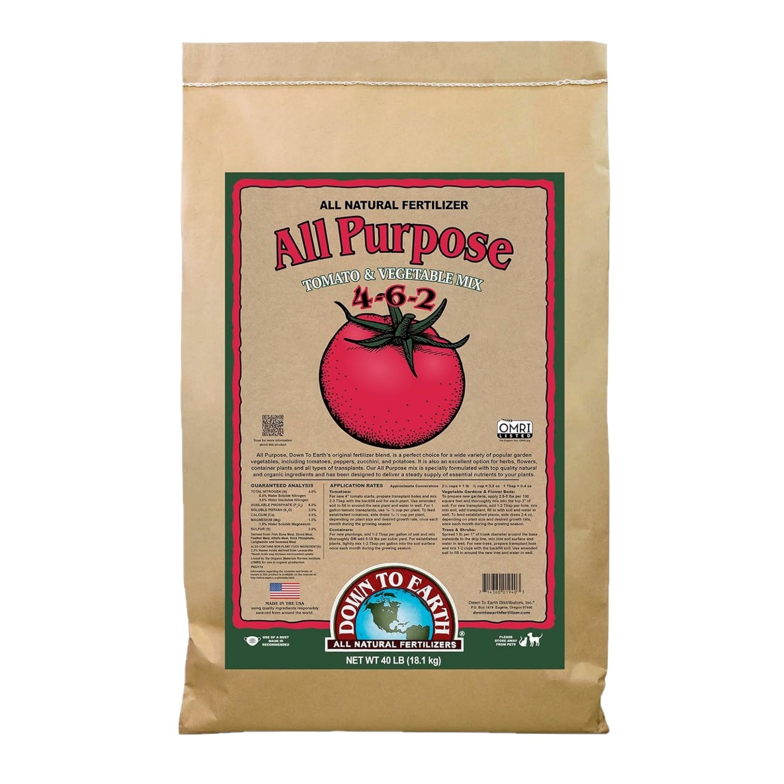 Down To Earth All Purpose Tomato & Vegetable Mix 4-6-2 Plant Food, 40 lb Bag