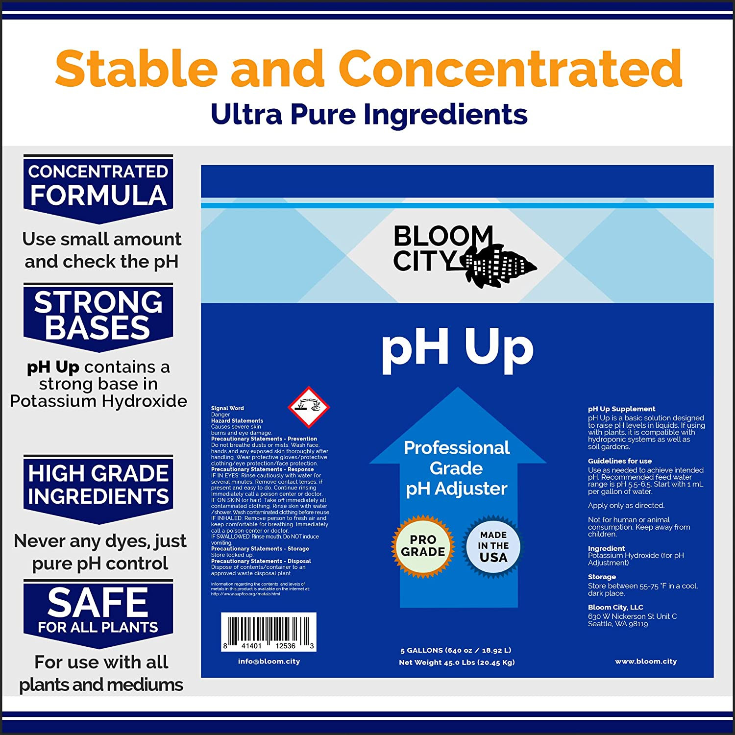 Bloom City pH Up Adjuster Liquid Fertilizer, Made in USA, Professional Grade