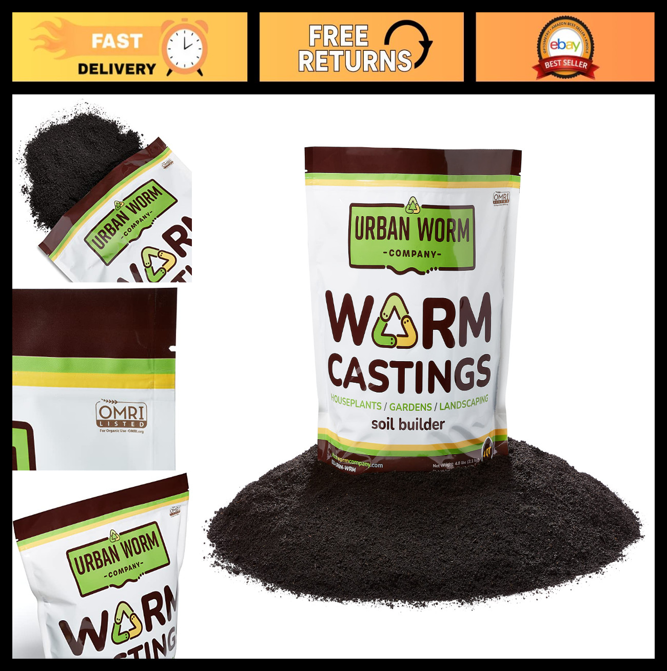 Organic Worm Castings – Nutrient-Rich Soil Amendment – 4 Quart/4.8lbs for Plants