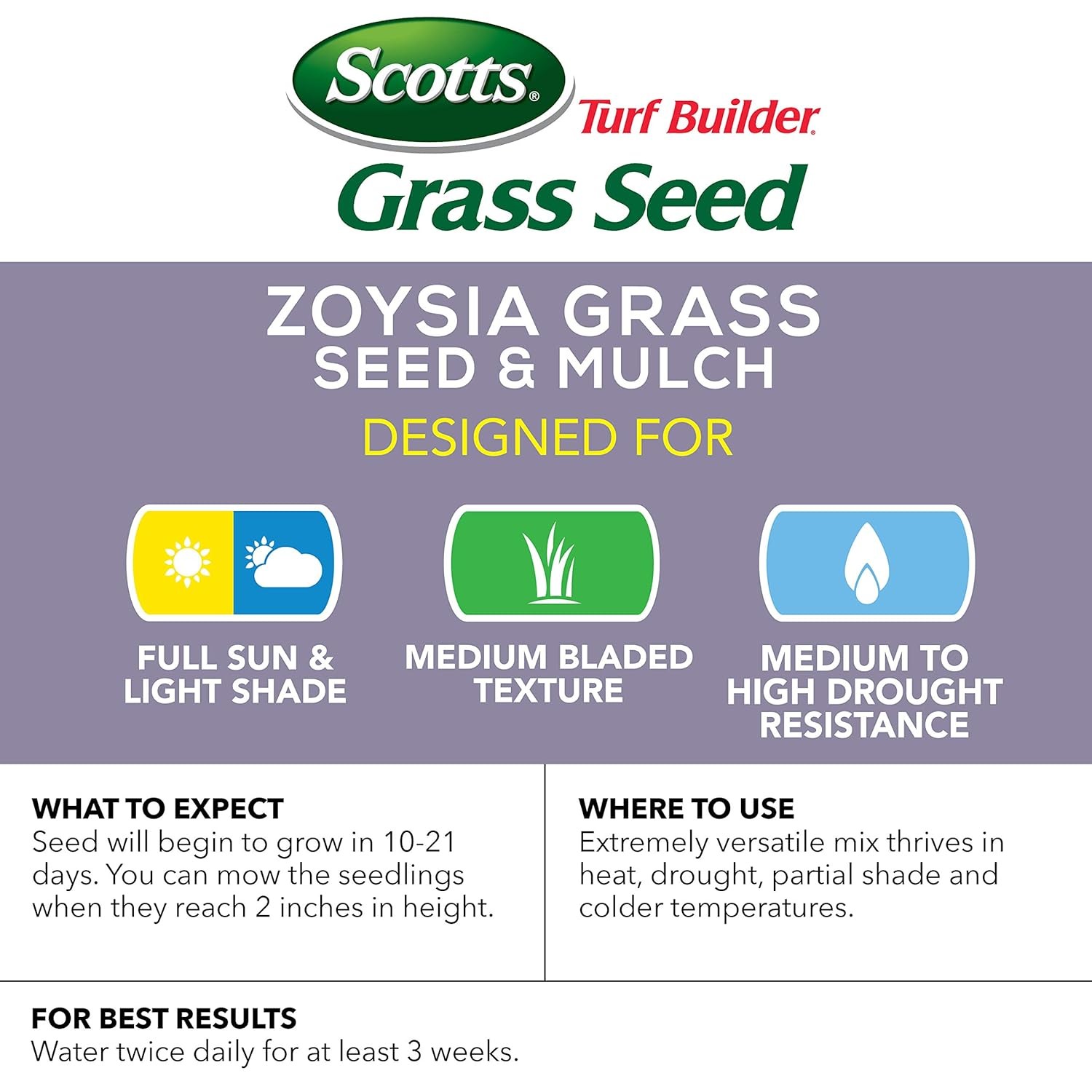 Scotts Turf Builder Zoysia Grass Seed Mulch 5 lb Full Sun Heat Drought 2000 sqft
