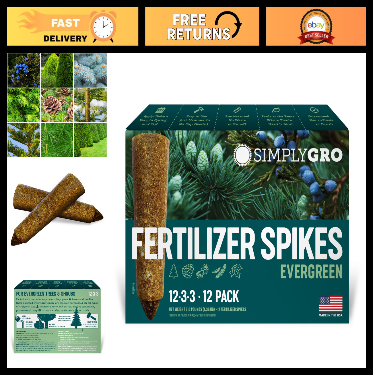 Evergreen Tree & Shrub Fertilizer Spikes – 12 Count, 3.0 Lbs, Nutrient Boost