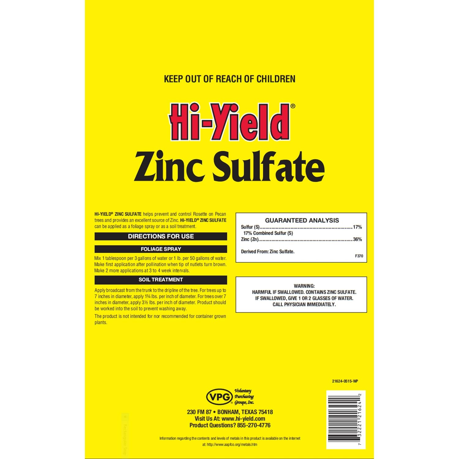 Fertilizer for Pecan Trees 3.25 Lbs Zinc and Sulfur Prevents Rosette Deficiency
