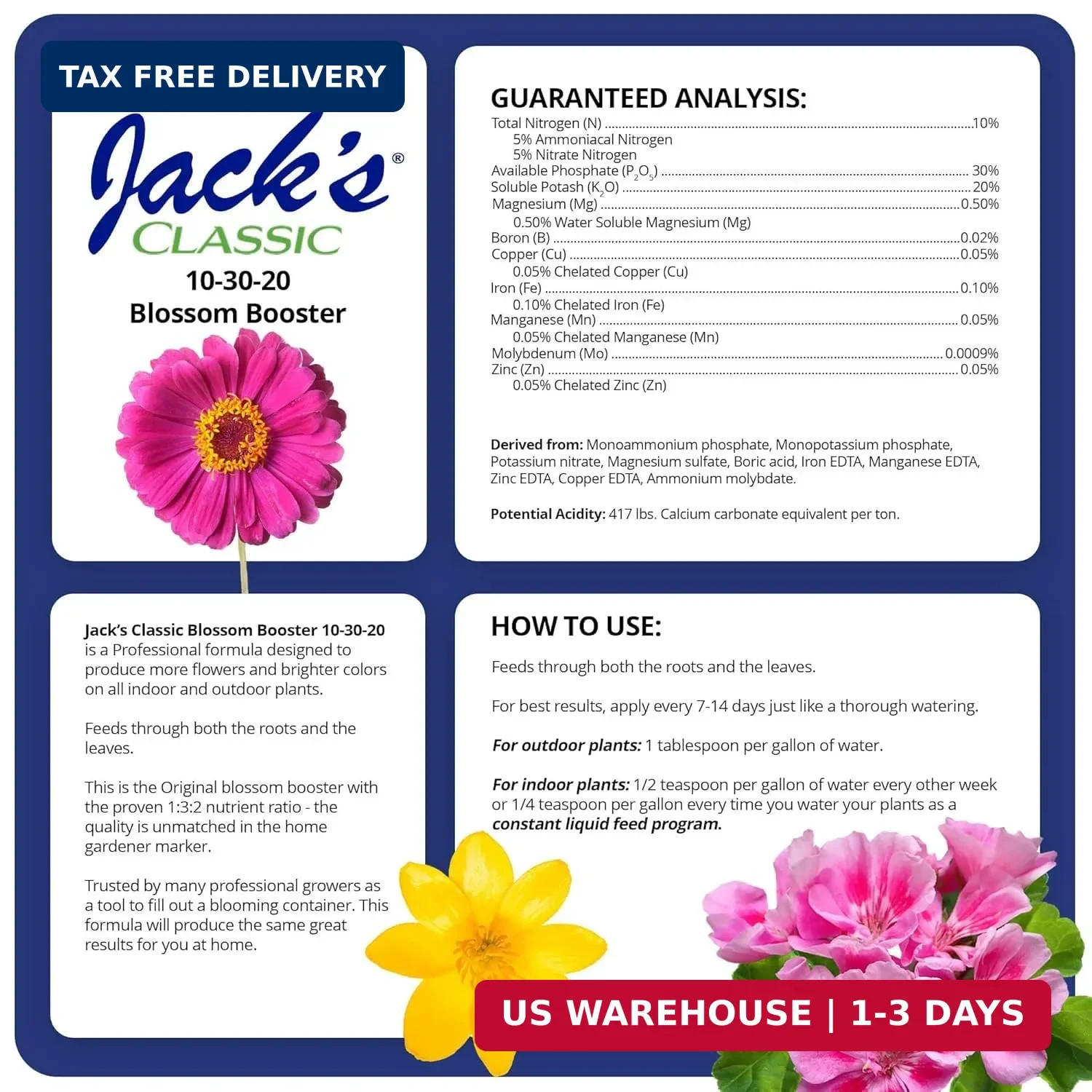 JR Peters Inc Jack’s Classic 10-30-20 Blossom Booster Water-Soluble Fertilizer –
