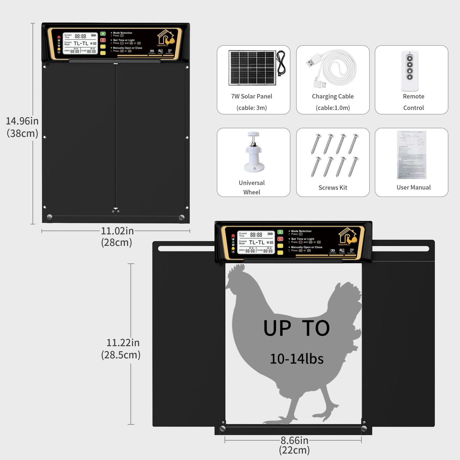 Saegypet Large Automatic Chicken Coop Door Solar Powered Charge 7W Solar Panel