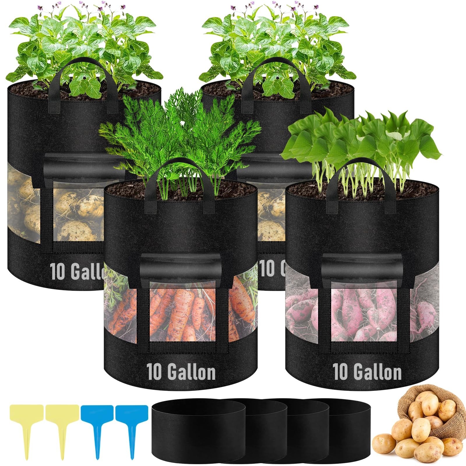 4 Pack 10 Gallon 360°Visible Potato Grow Bags,Heavy Duty Thickened Nonwoven