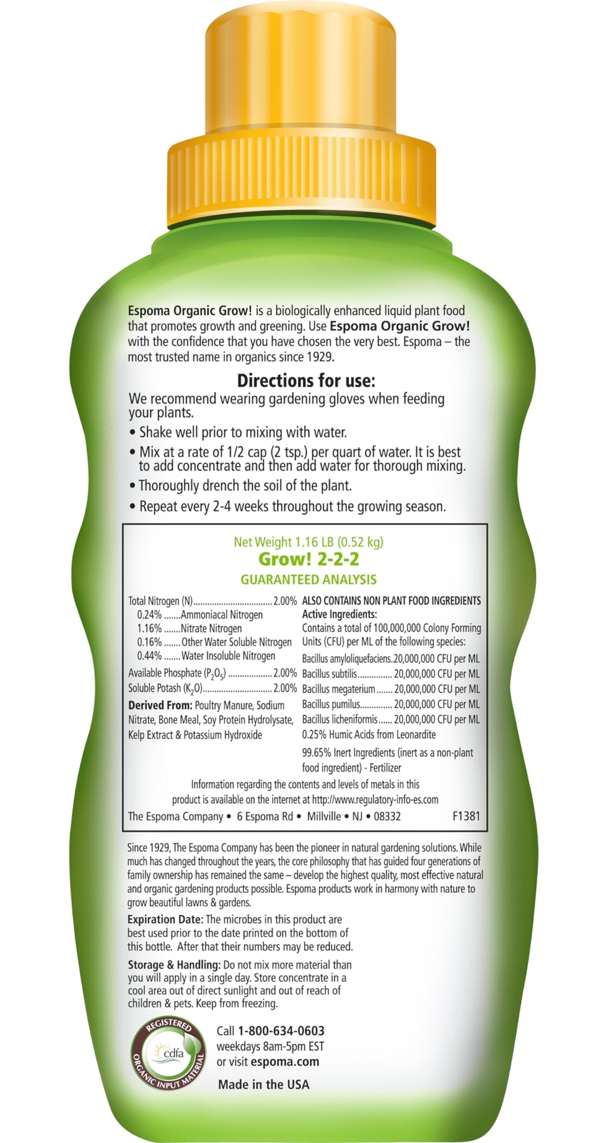 Espoma Organic Grow Fertilizer Liquid Concentrate for Indoor Outdoor Plants