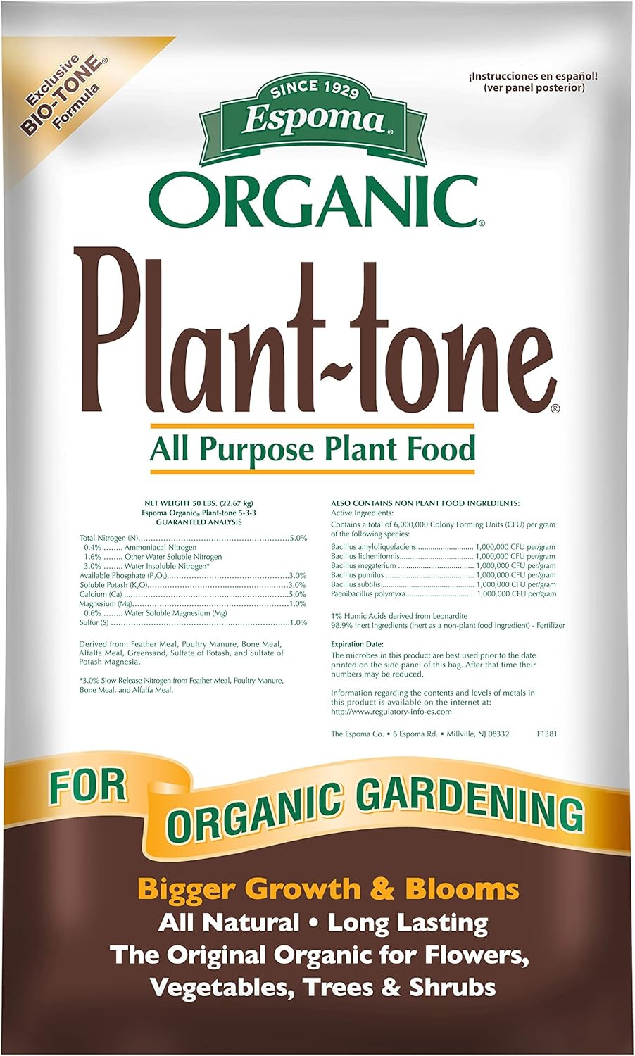 Espoma Organic Plant-Tone 5-3-3 Natural & Organic All Purpose Plant Food; 50 Lb.