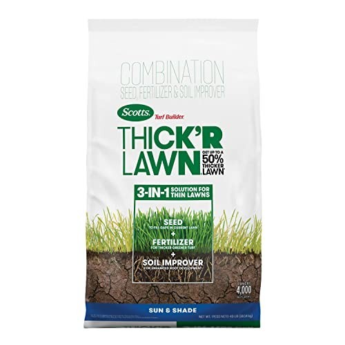 Thick’R Lawn Seed & Fertilizer Mix for Sun & Shade, 40 lbs – Soil Improver, Thic