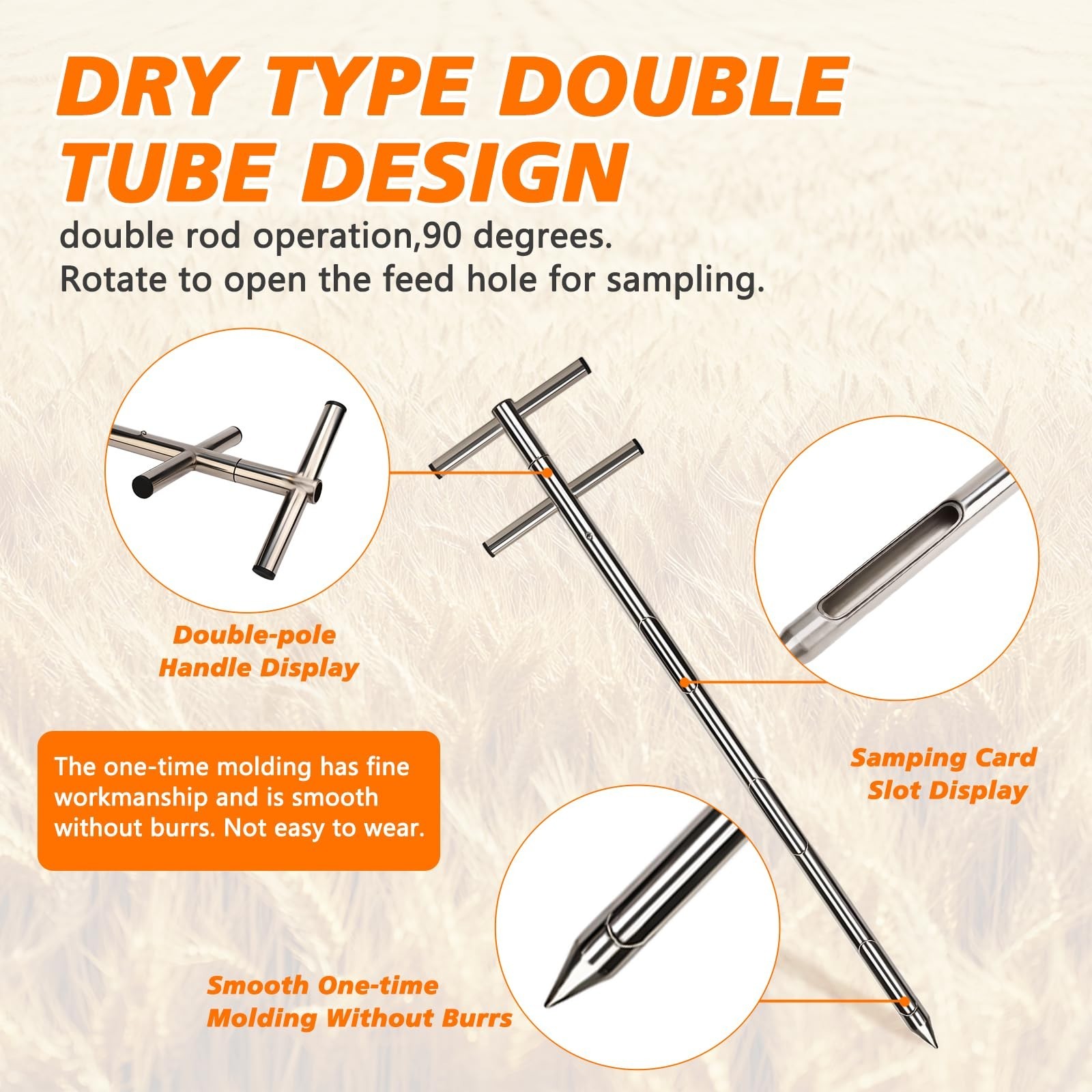 304 Stainless Steel Grain Probe Sampler – Double Tube, Rotary Slot, 39.5″ Portab