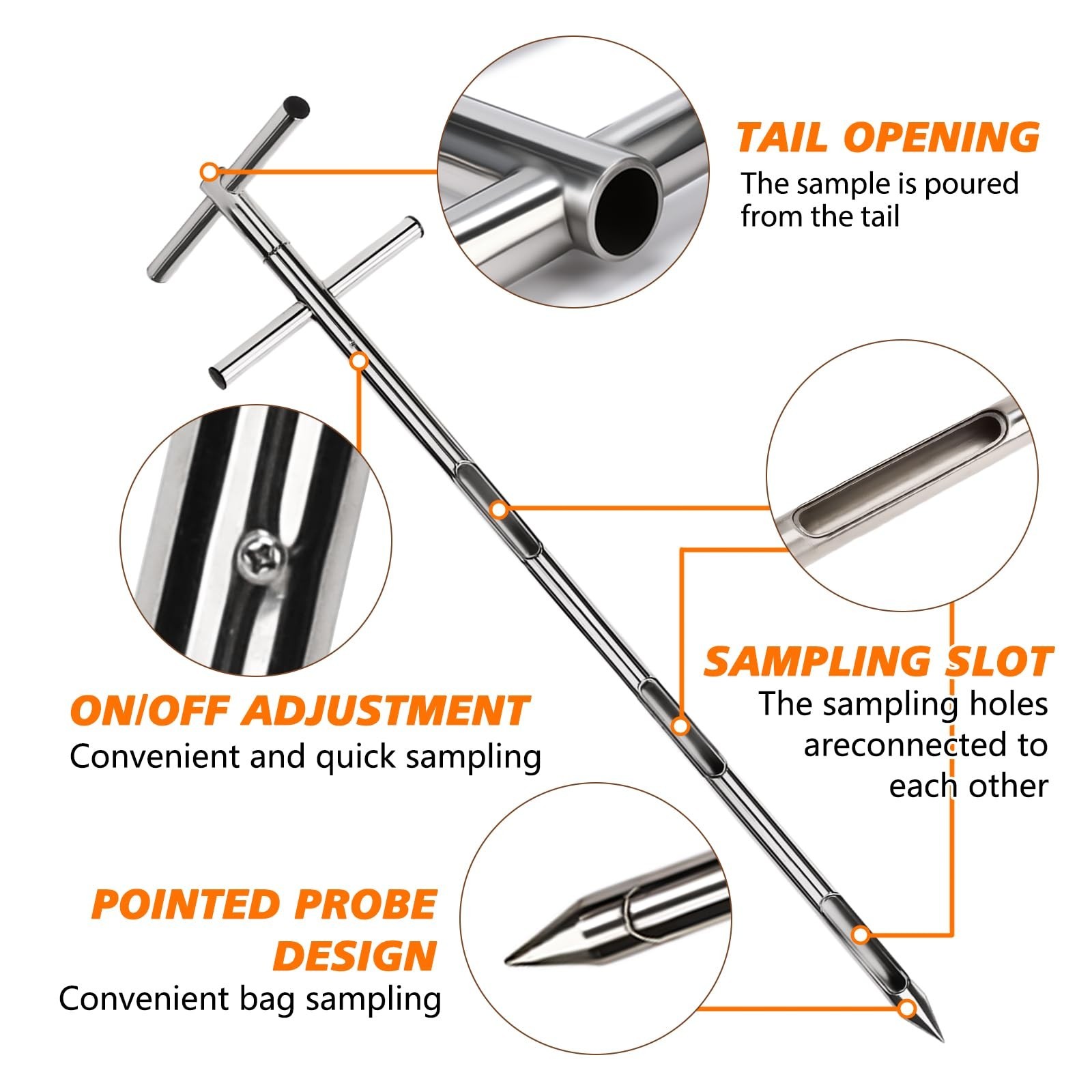 304 Stainless Steel Grain Probe Sampler – Double Tube, Rotary Slot, 39.5″ Portab