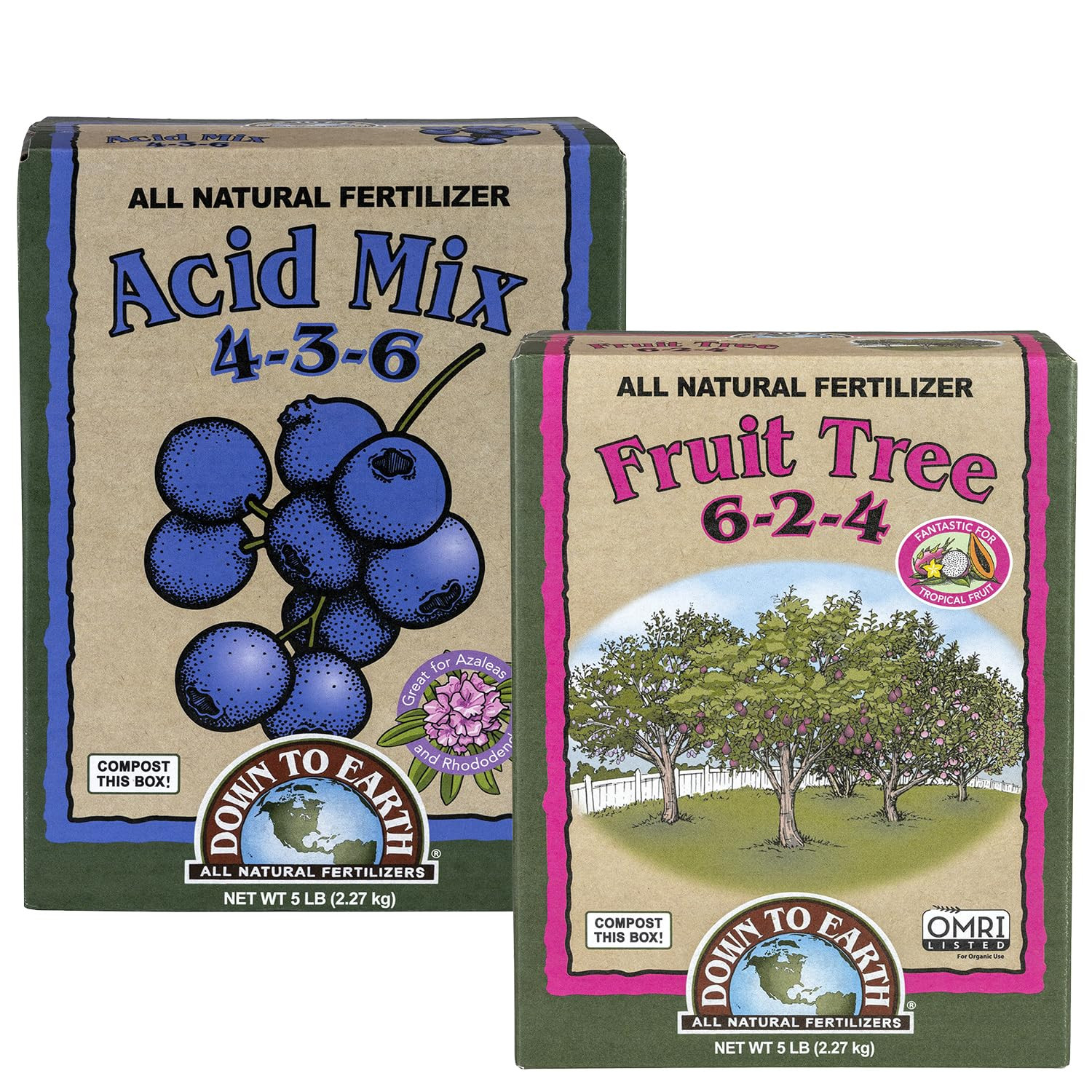 Down to Earth Organic Acid Mix 4-3-6 & Fruit Tree Fertilizer 6-2-4 Bundle | Nou