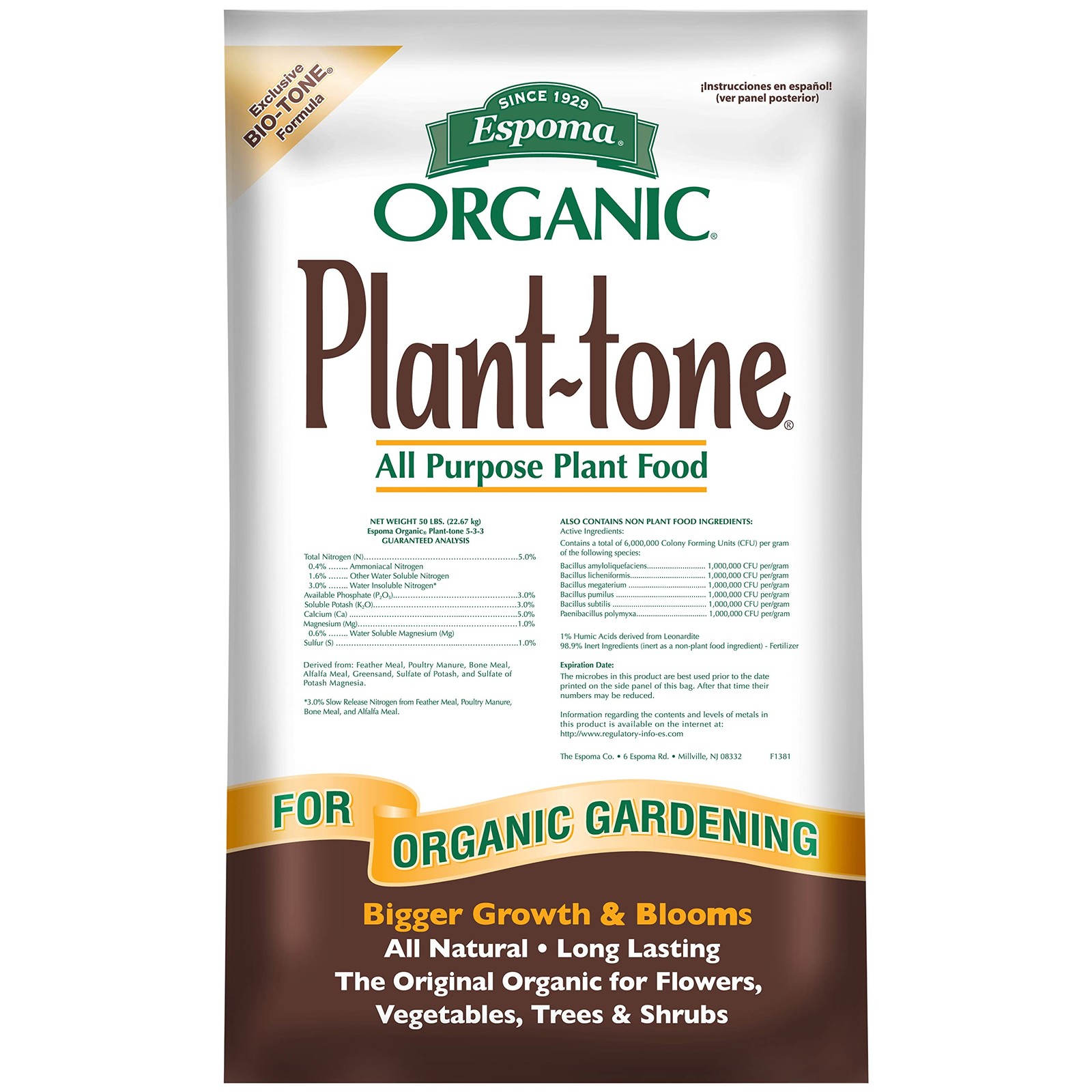 Espoma Organic Plant-Tone 5-3-3 Natural & Organic All Purpose Plant Food; 50 lb