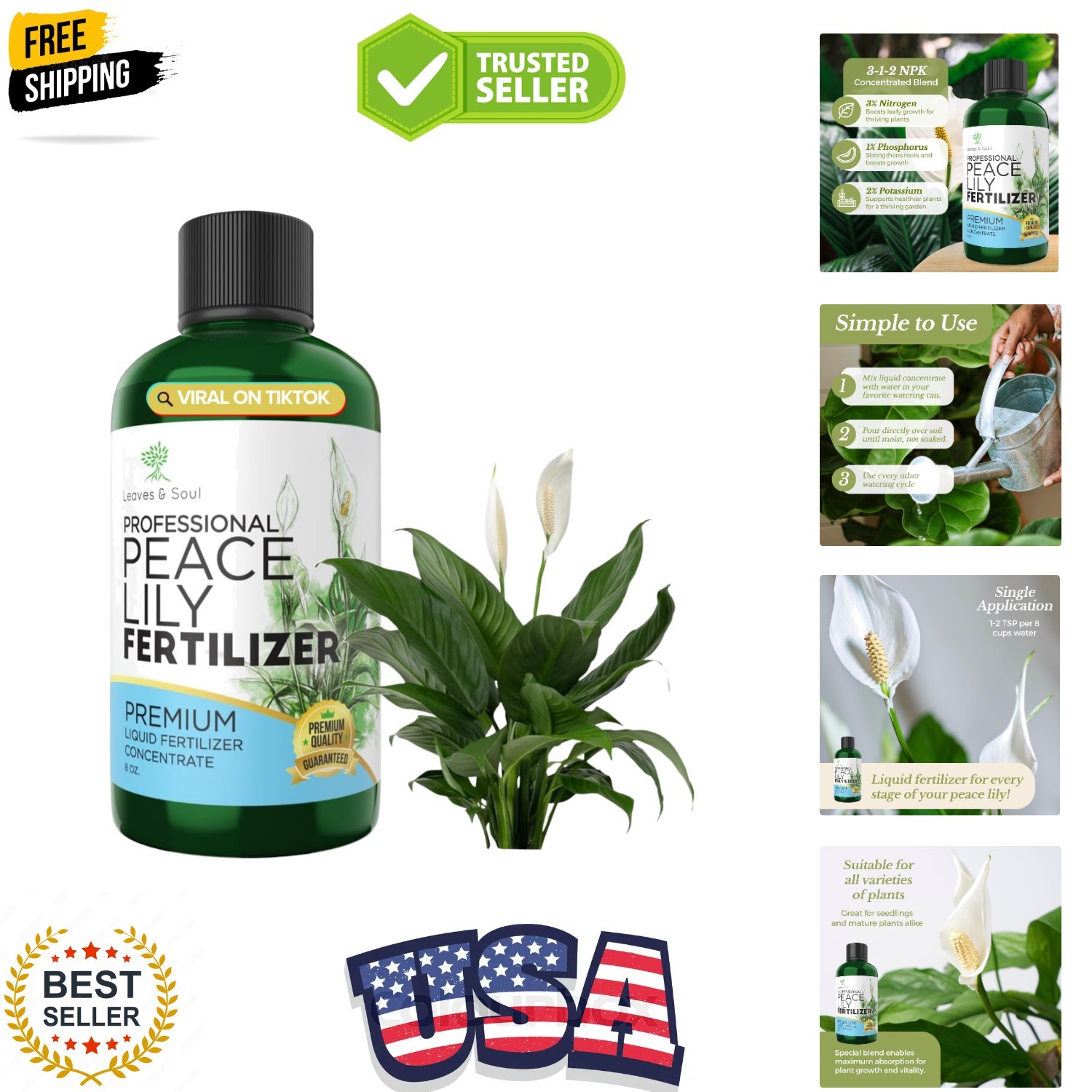 Professional Peace Lily Fertilizer Liquid 3-1-2 Concentrate 8 oz, Peace Lily…