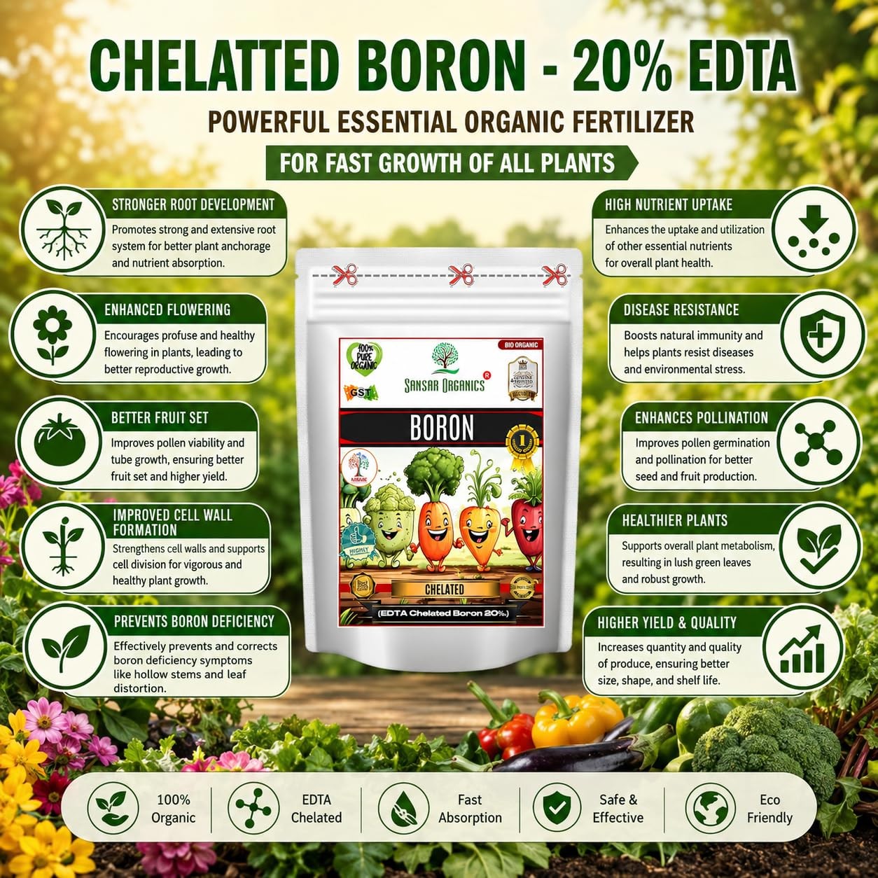 Sansar Organics Chelated Boron 20% EDTA 400g | Organic Plant Growth Booster