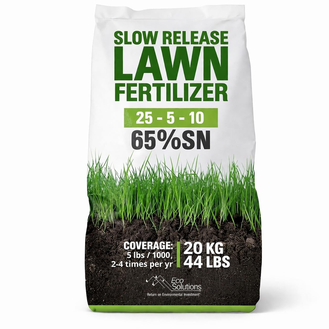 Slow Release Lawn Fertilizer 25-5-10 NPK – 65% Nitrogen, 44lbs, Kid & Pet Safe