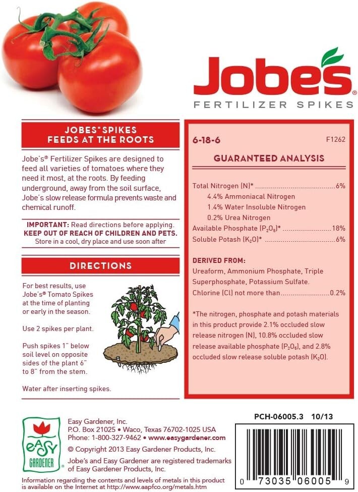 Jobe’s 06005 18 Count 6-18-6 Tomato Fertilizer Food Spikes – 16 Packs