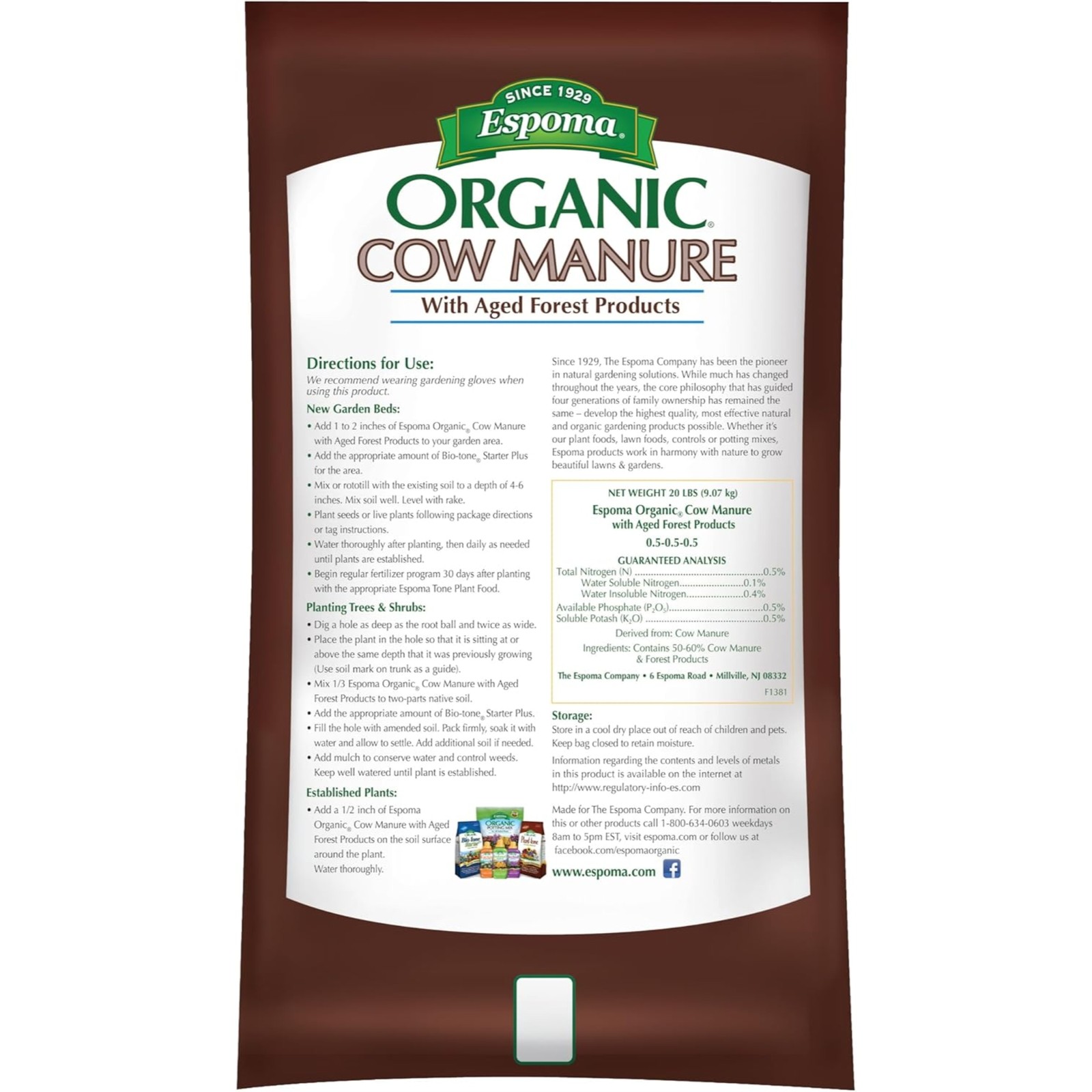 Espoma Organic Cow Manure Compost Blend for Organic Gardening, 1 CF