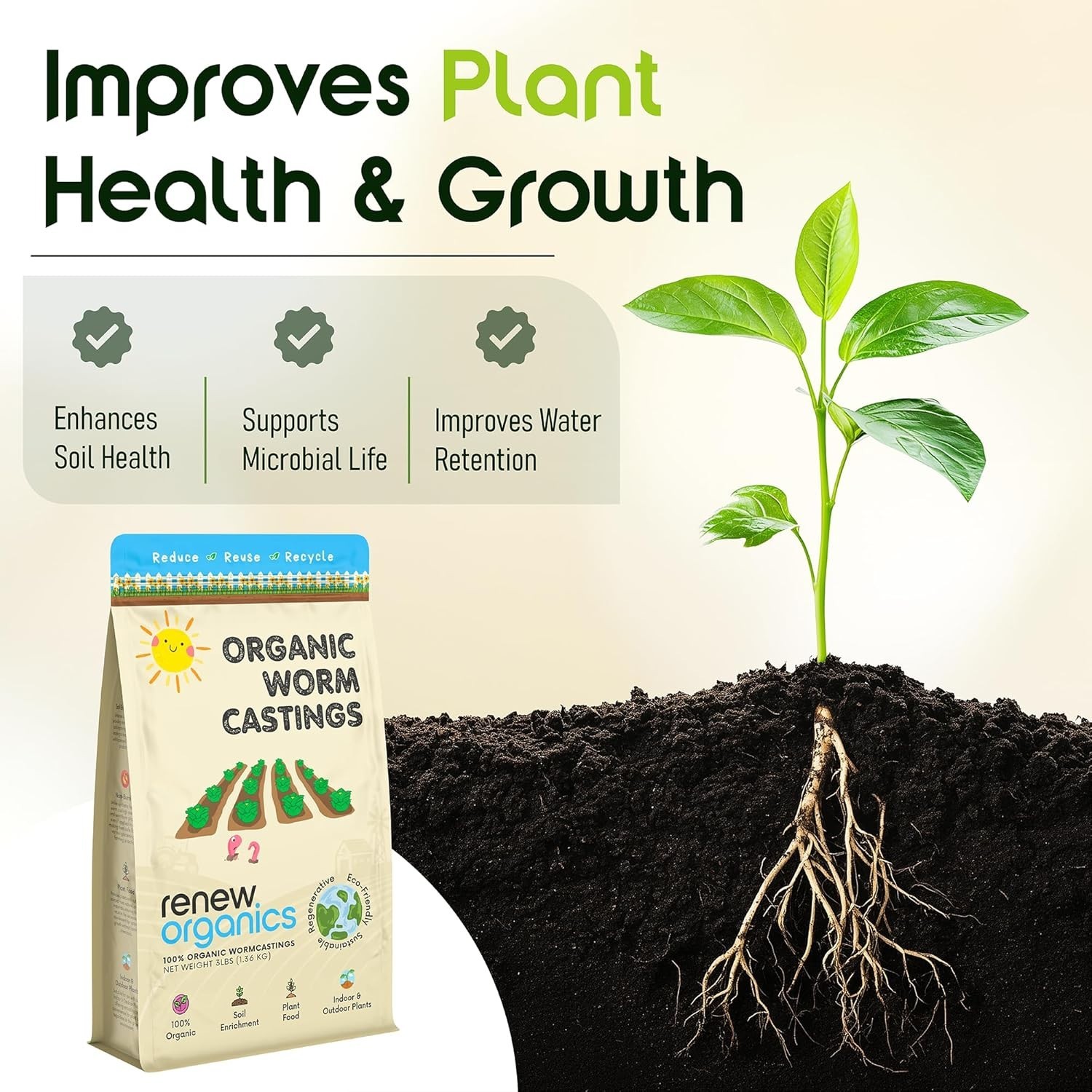 Organic Fertilizer 100 Percent Worm Castings 48 Ounce for Sustainable Gardens