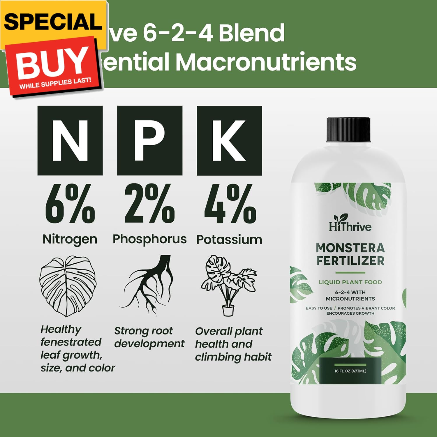 16oz Monstera Plant Food – Makes 96 Gallons of Monstera Fertilizer, Liquid Indoo