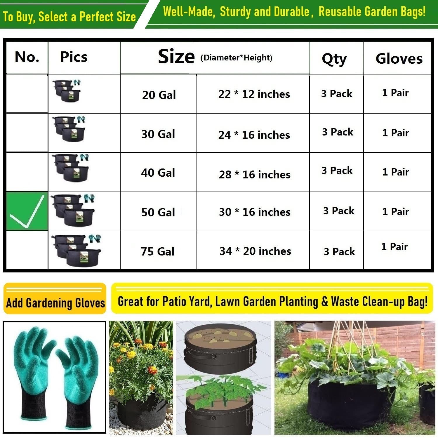 3-Pack 50 Gallon Thickened Plant Grow Bags Large (30×16 in) Heavy Duty Fabric…