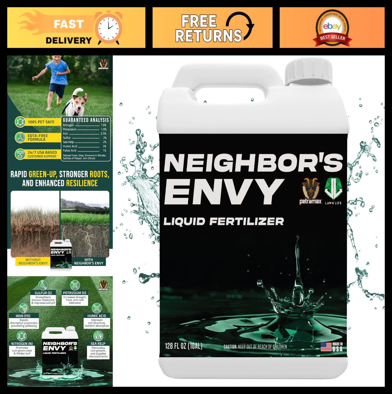 7-in-1 Liquid Lawn Fertilizer Concentrate – 1 Gallon Covers 16,000 sq.ft – Deep