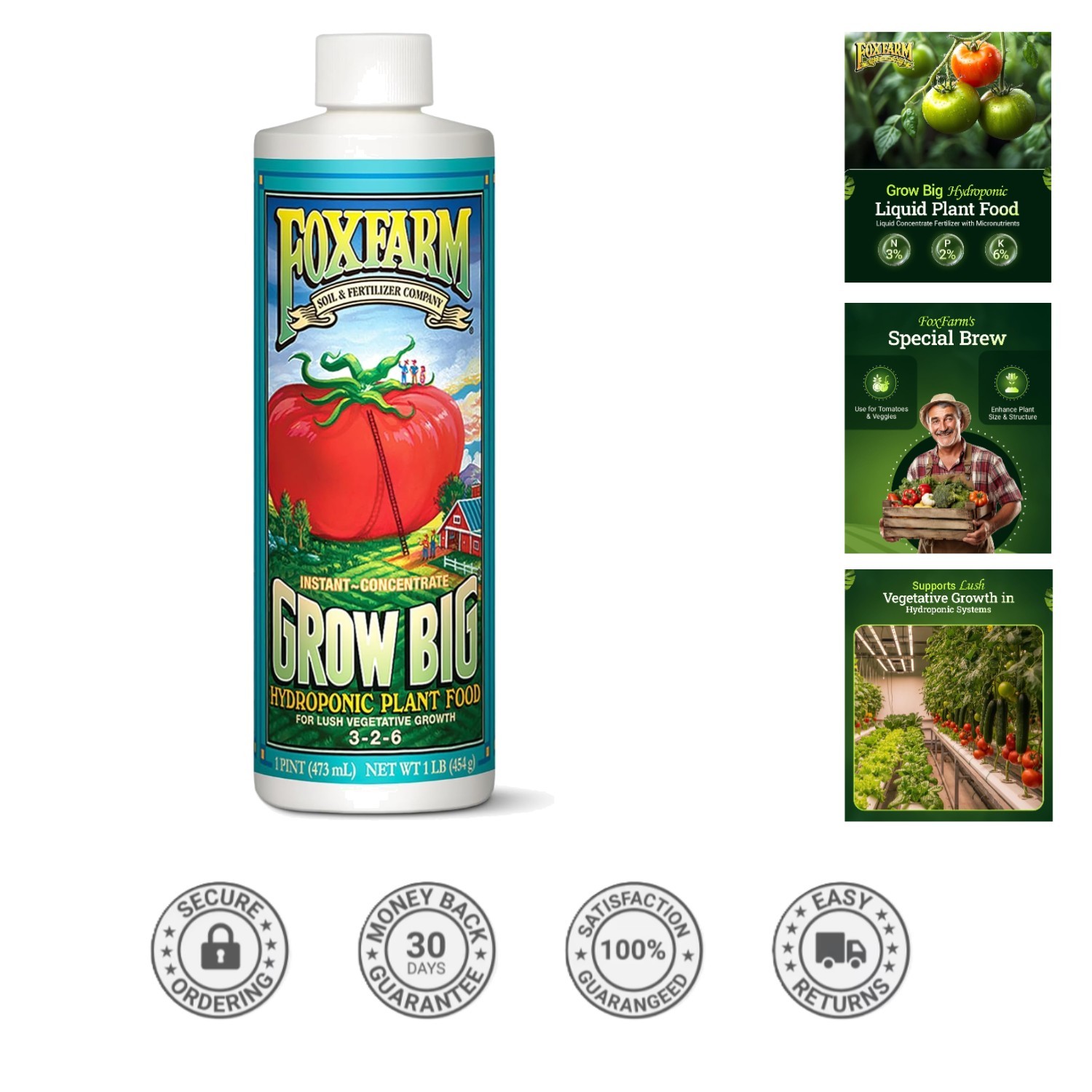 Grow Big Hydroponic Plant Food – 3-2-6 Liquid Fertilizer for Lush Growth, 1 Pint