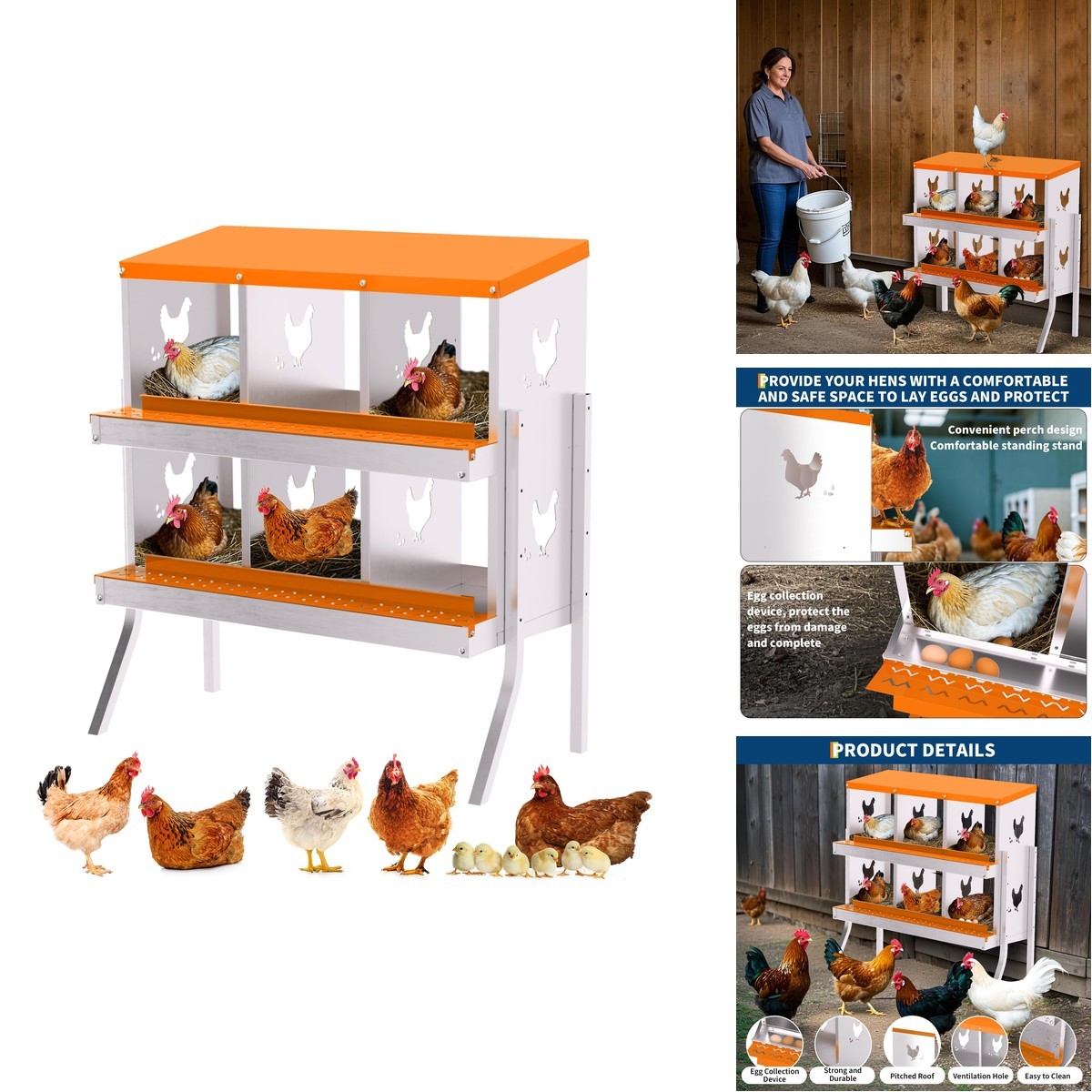 6 Compartment Galvanized Steel Chicken Nesting Box Heavy Duty Rustproof Bracket
