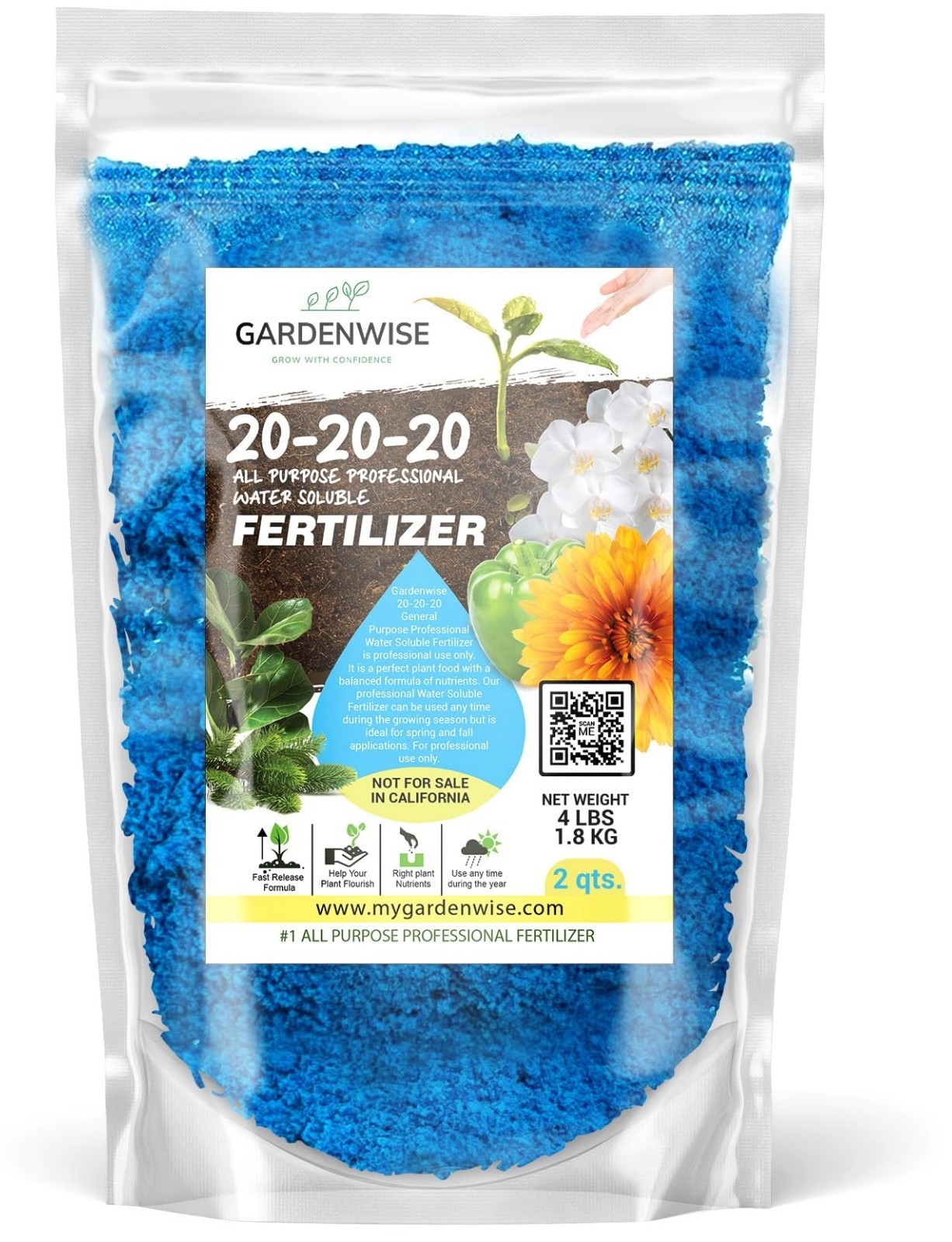 Water-Soluble 20-20-20 Fertilizer Powder for Indoor/Outdoor Plants, 2 Quarts