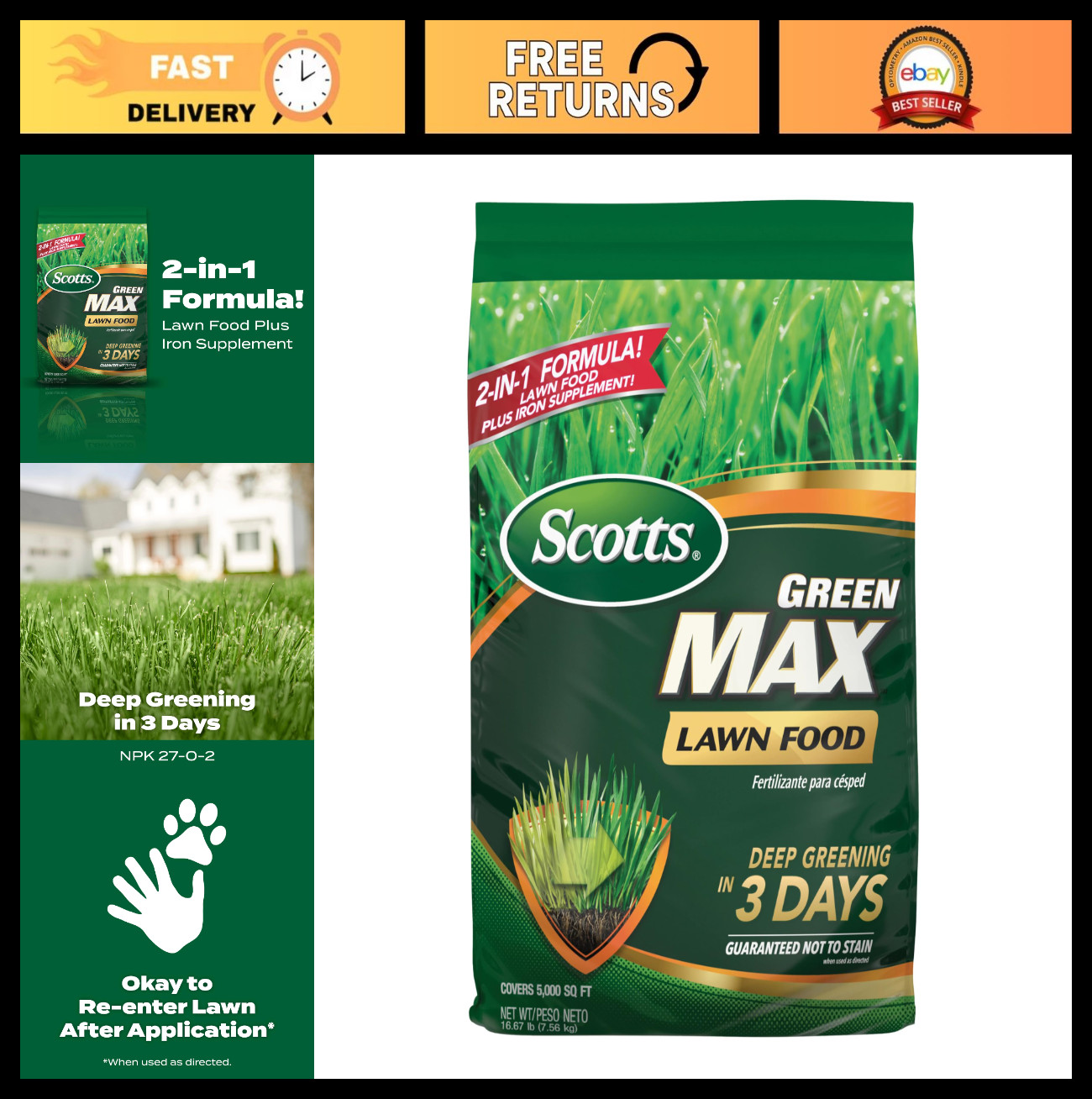 Lawn Fertilizer with Iron Supplement, 16.67 lbs – Covers 5,000 sq. ft., Green Ma