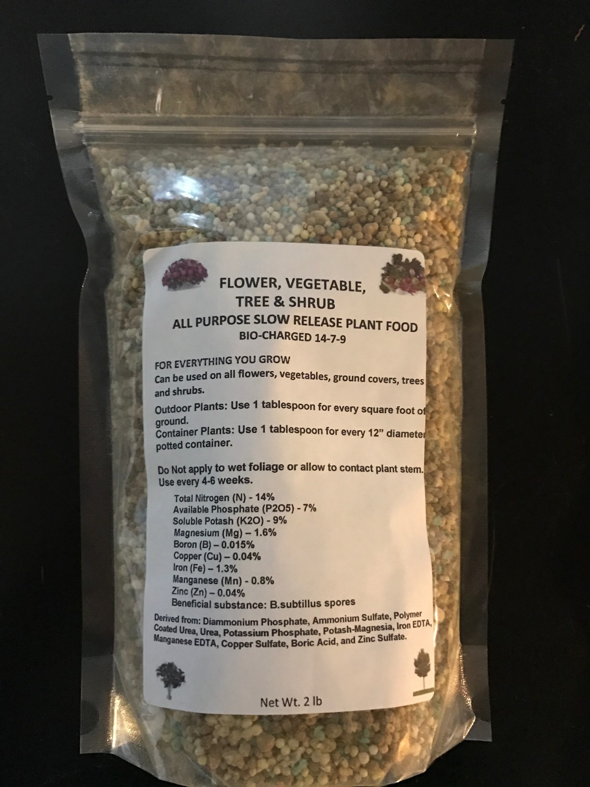 FERTILIZER FLOWER, VEGETABLE & TREE 14-7-9 BIO-CHARGED Slow Release 2 LB BAG