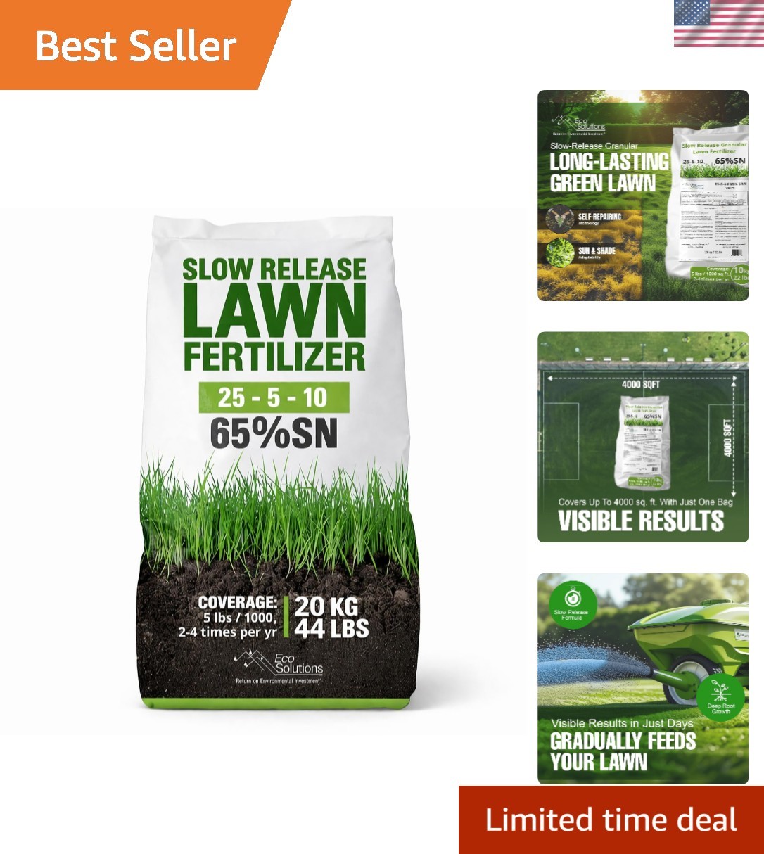 Slow Release Lawn Fertilizer 25-5-10 NPK – 65% Nitrogen, 44lbs, Kid & Pet Safe