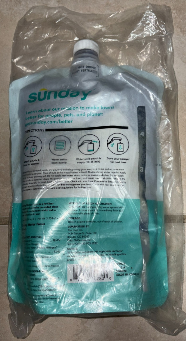 Genuine OEM Sunday Water Focus Lawn Fertilizer 42.3 oz Bag Natural Liquid