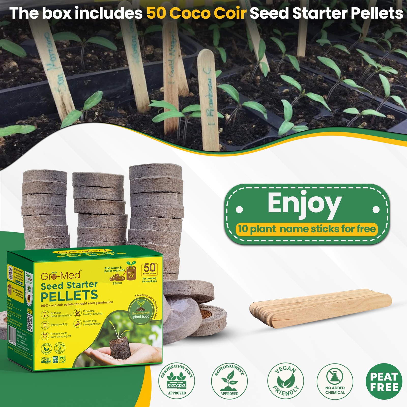 Gro Med Organic Coco Coir Seed Starter Pellets NPK Enriched 50 Pcs 35mm Perfect