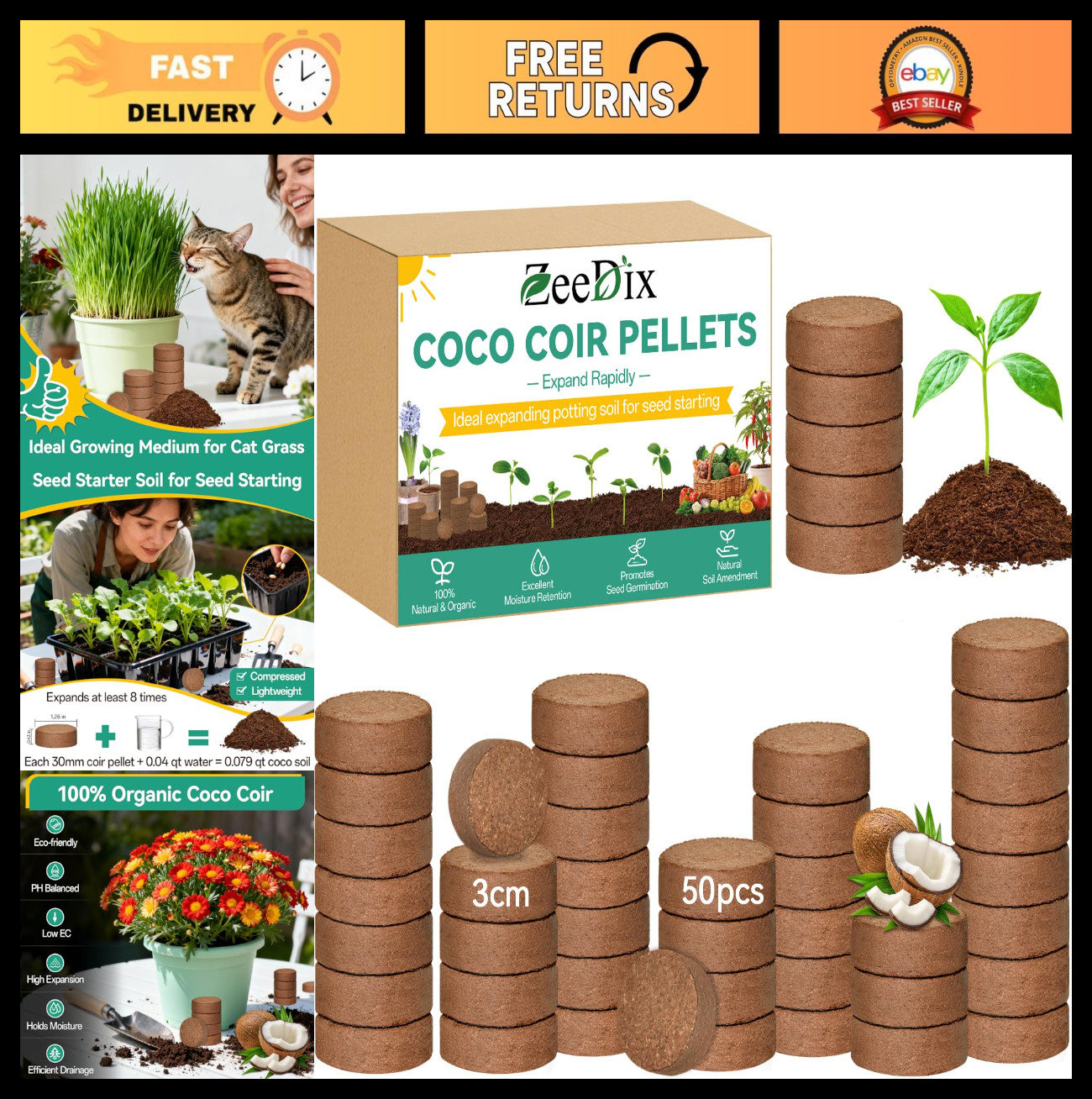 50 Pcs 30mm Organic Coco Coir Pellets – Compressed Potting Soil for Seed Starter