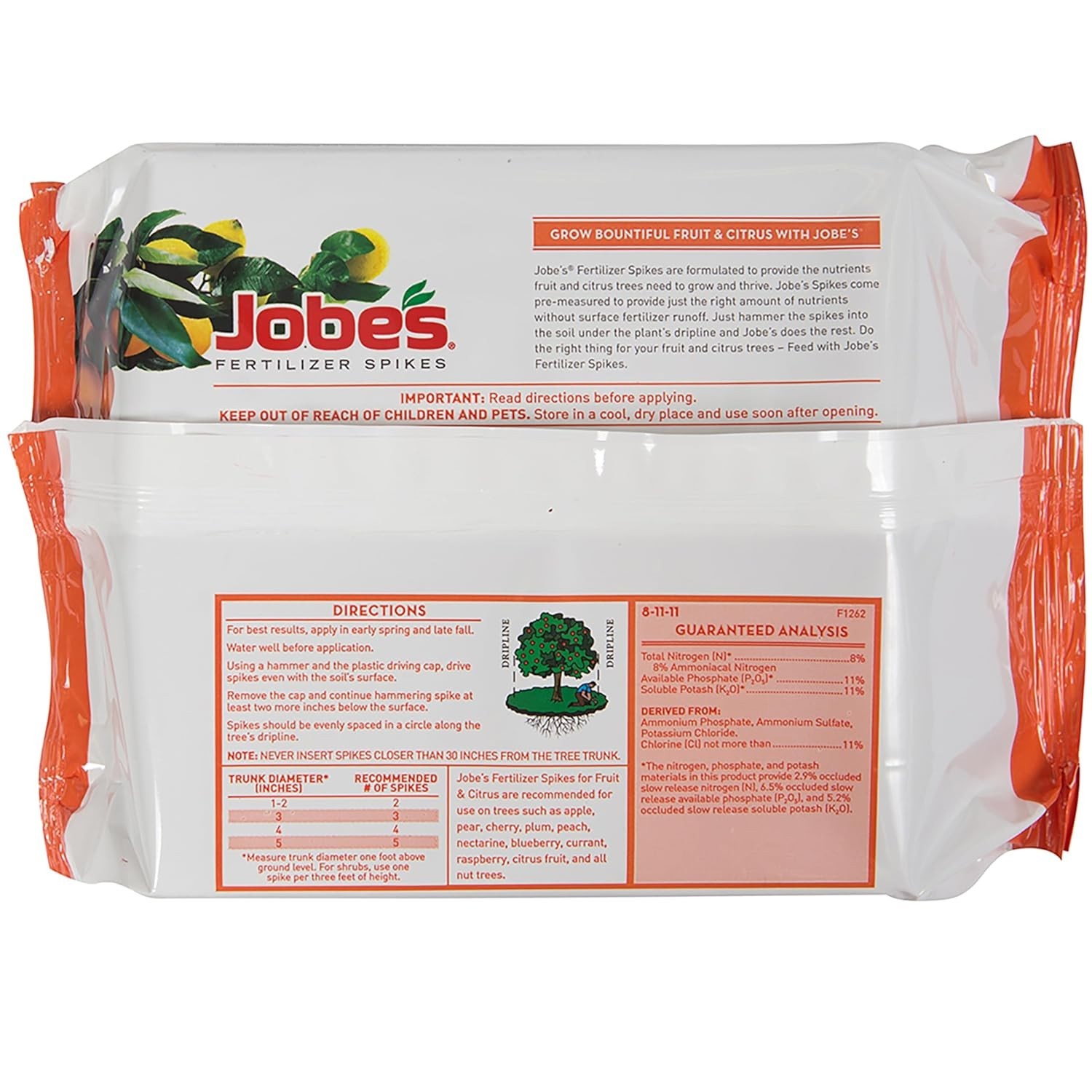 Jobe’s Slow Release Fertilizer Spikes for Fruit & Citrus – 9 Count, 8-11-11 NPK