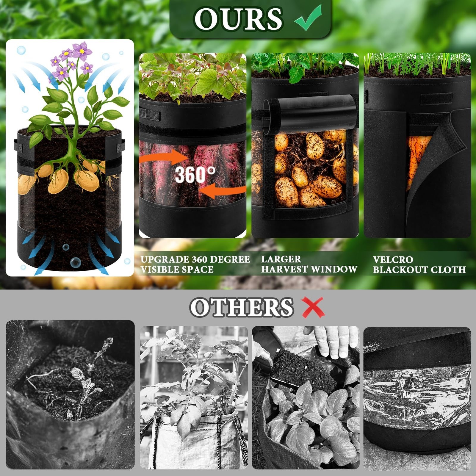 3 Pack 10 Gallon 360° Visibility Potato Grow Bags with Shading Flap, Plant