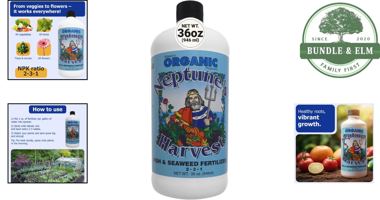 36oz Organic Fertilizer with Fish and Seaweed for Vegetables, Flowers, and Lawns