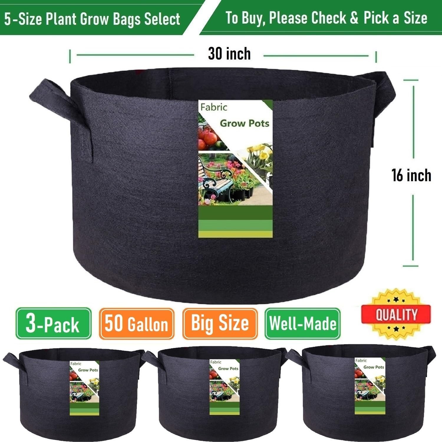 3-Pack 50 Gallon Thickened Plant Grow Bags Large (30×16 in) Heavy Duty Fabric…