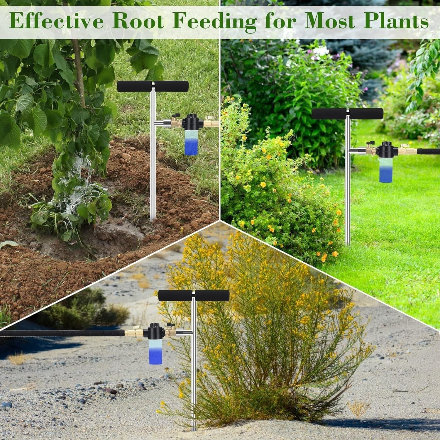 Deep Root Tree Watering Spike with Fertilizer Bottle, Stainless Steel, T-Handle
